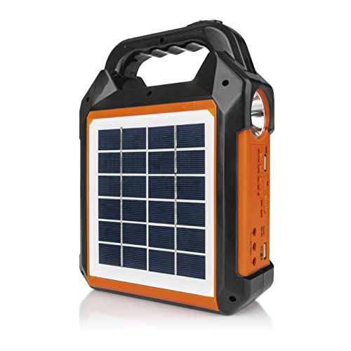 EASYmaxx Solar-Generator Kit 4500mAh | 2 Auflademodi: Solarpanel oder USB | Zum Aufladen von Handy, Powerbank, u.v.m. | Integriertes FM-Radio und Lautsprecher inkl. [Schwarz/Orange]